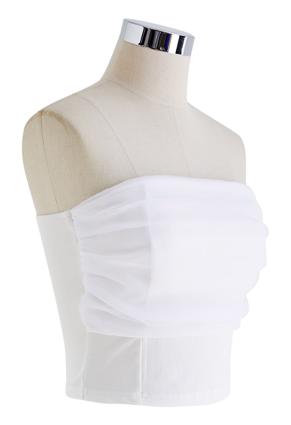 Mesh Overlay Ruched Tube Top in White