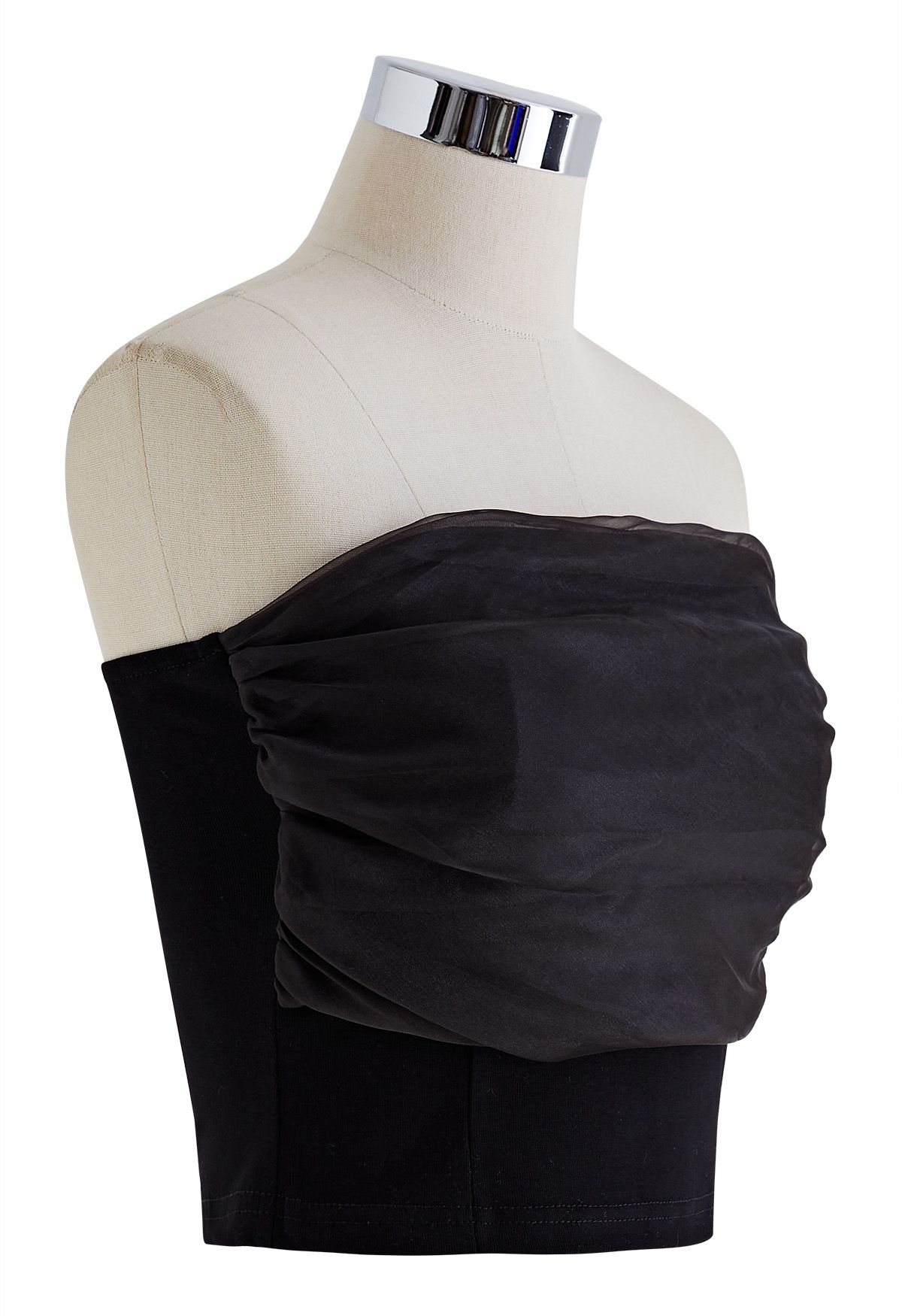 Mesh Overlay Ruched Tube Top in Black