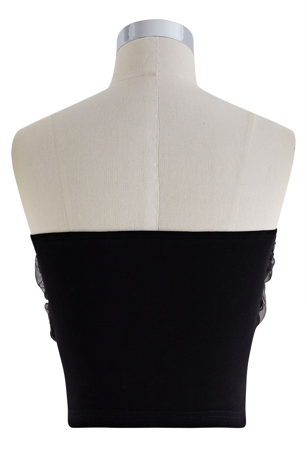 Mesh Overlay Ruched Tube Top in Black