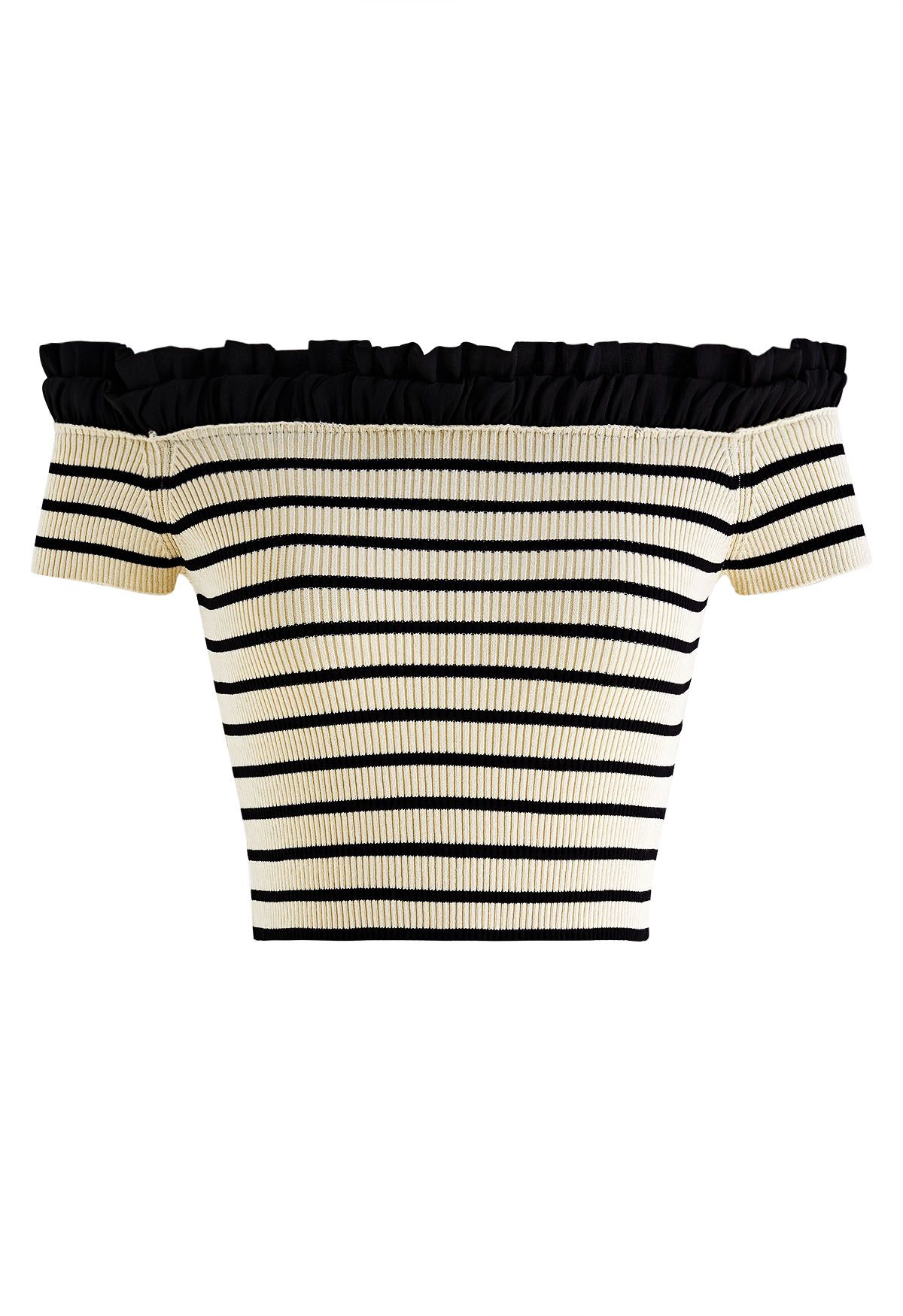 Tiered Ruffle Off-Shoulder Stripe Knit Crop Top