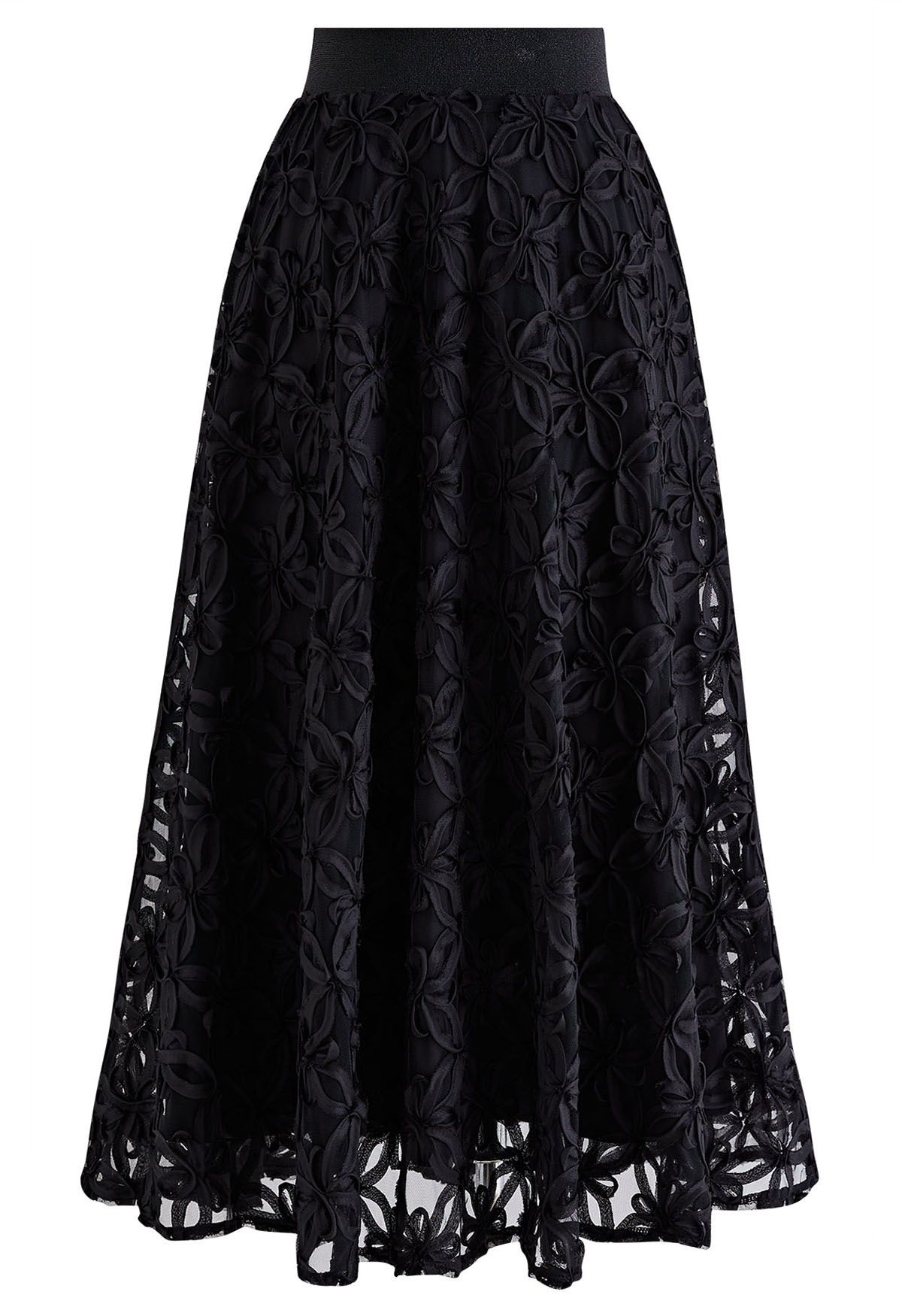 Flower Stitch Mesh Tulle Midi Skirt in Black