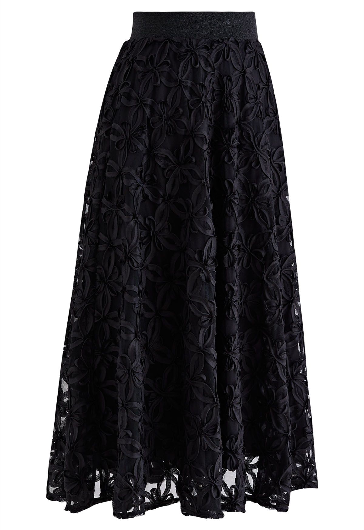 Flower Stitch Mesh Tulle Midi Skirt in Black