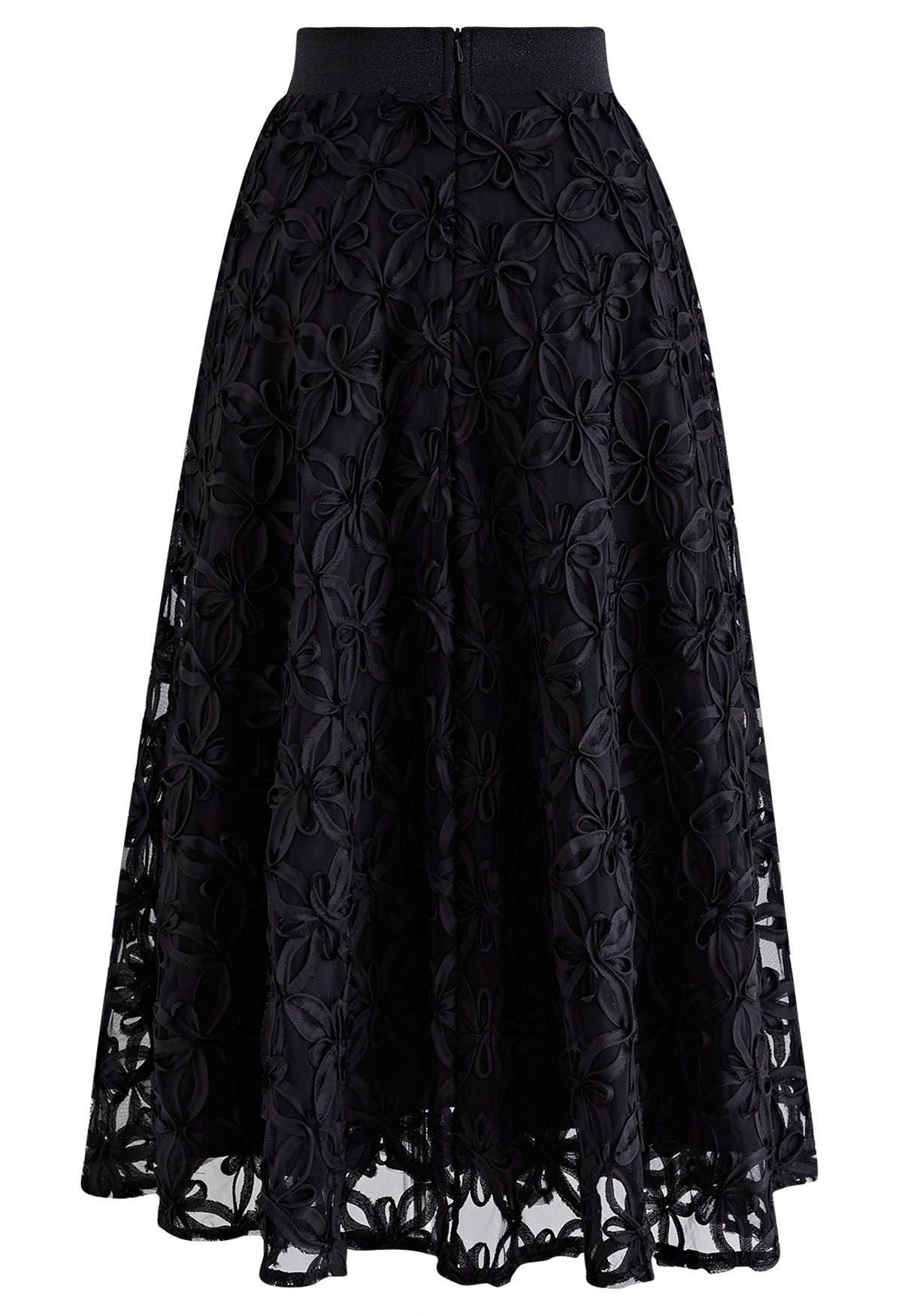 Flower Stitch Mesh Tulle Midi Skirt in Black