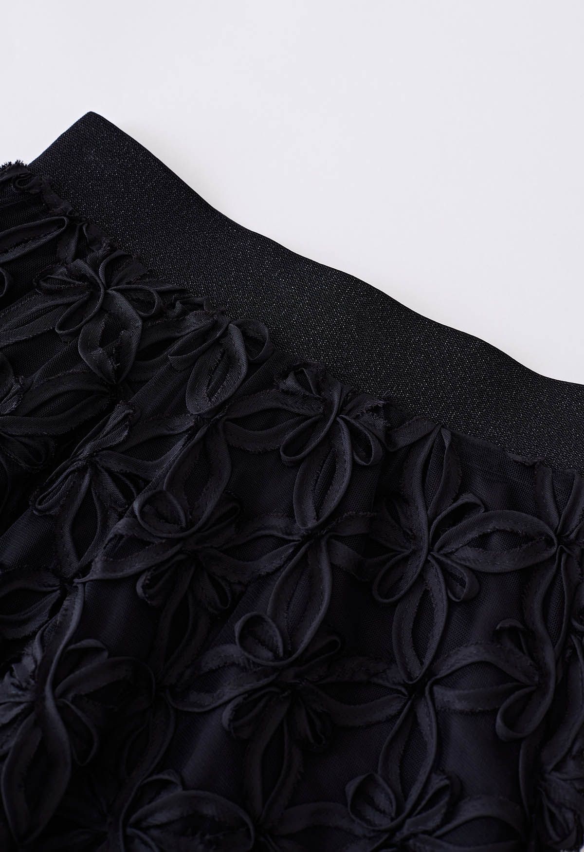 Flower Stitch Mesh Tulle Midi Skirt in Black