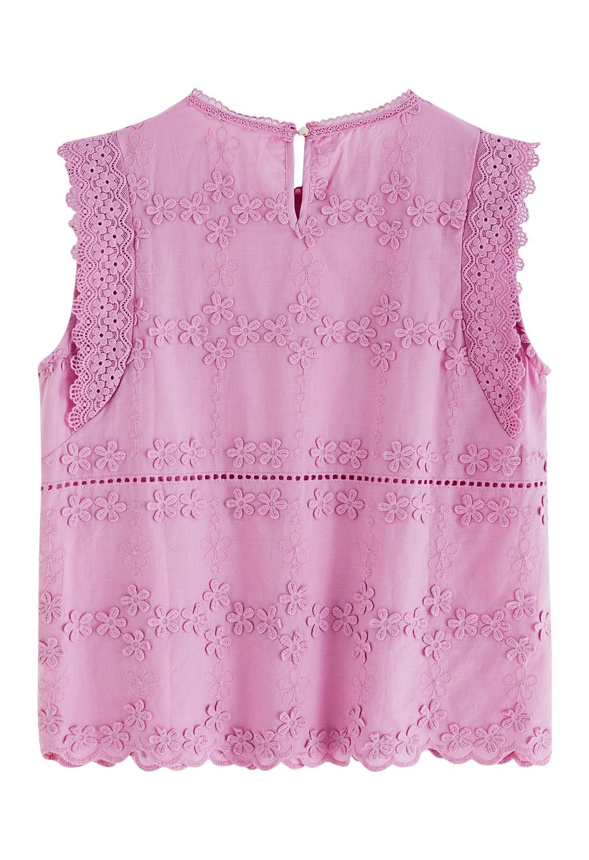 Crochet Lace Trim Embroidered Floret Sleeveless Top in Violet