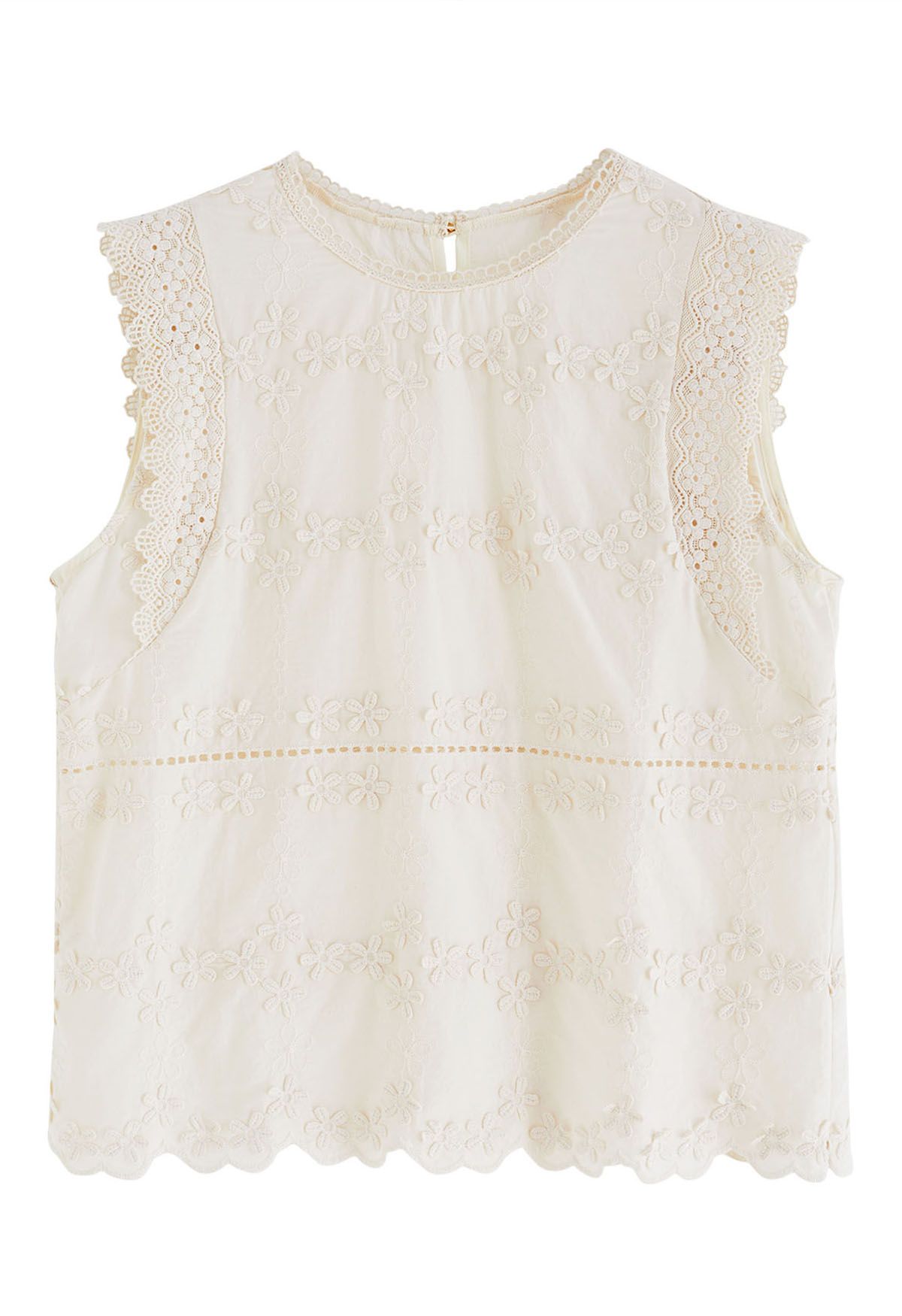 Crochet Lace Trim Embroidered Floret Sleeveless Top in Cream