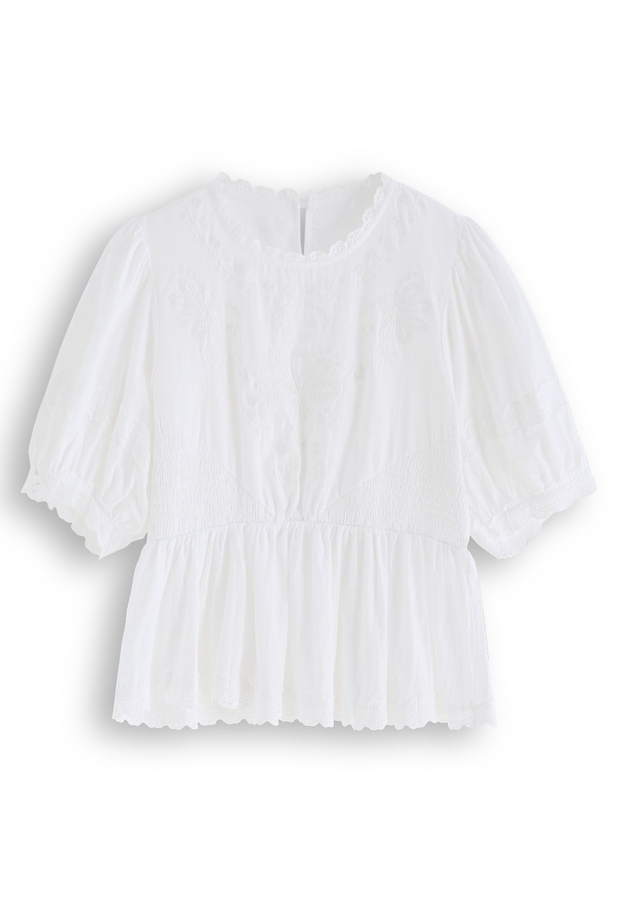 Scalloped Edge Floret Embroidery Peplum Top in White