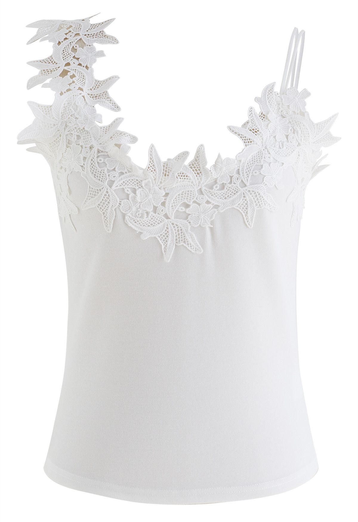 Floral Crochet Asymmetric Strap Cami Top in White