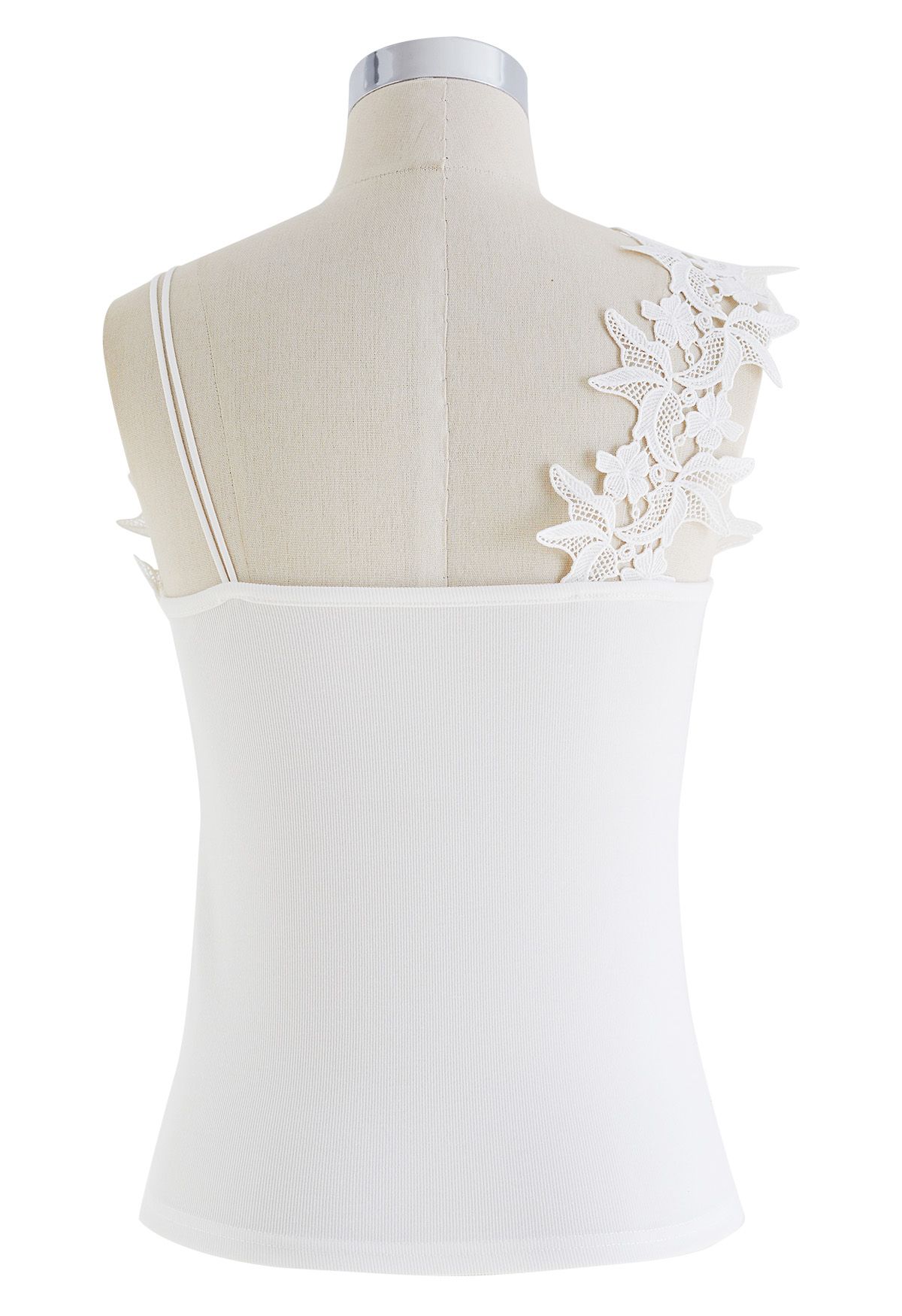 Floral Crochet Asymmetric Strap Cami Top in White