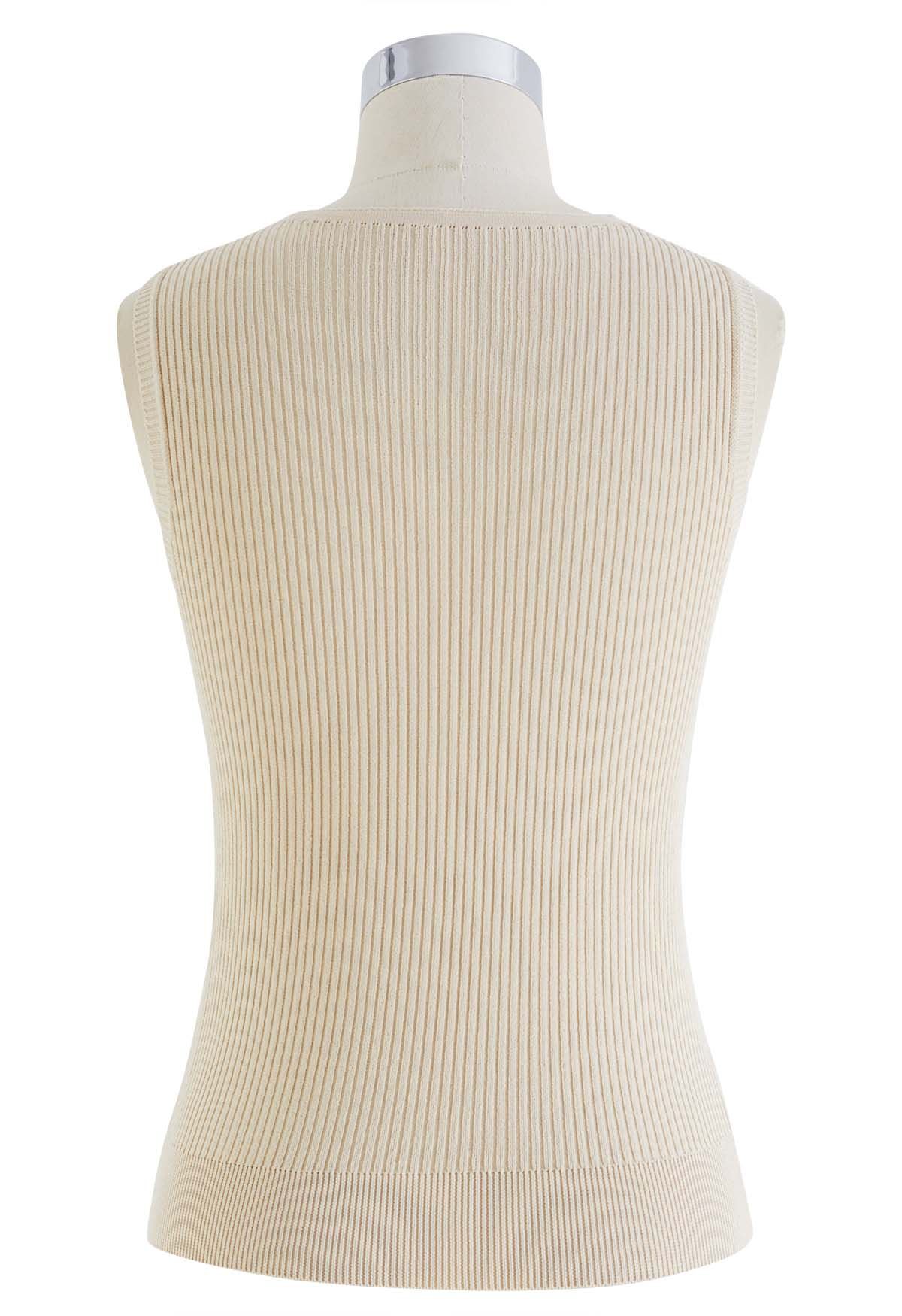 Fake Two-Piece Buttoned Ribbed Knit Top in Sand