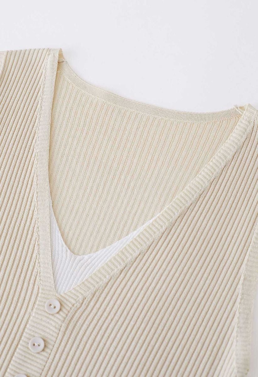 Fake Two-Piece Buttoned Ribbed Knit Top in Sand