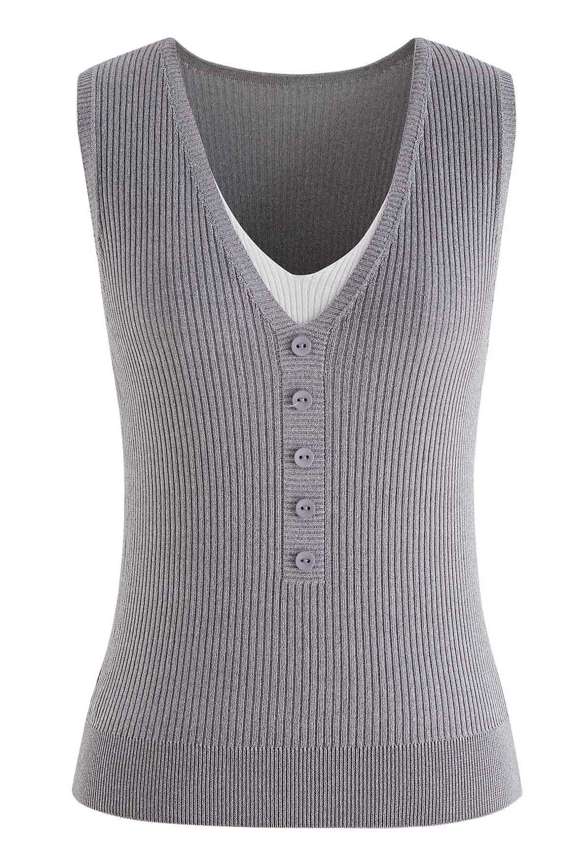 Fake Two-Piece Buttoned Ribbed Knit Top in Grey