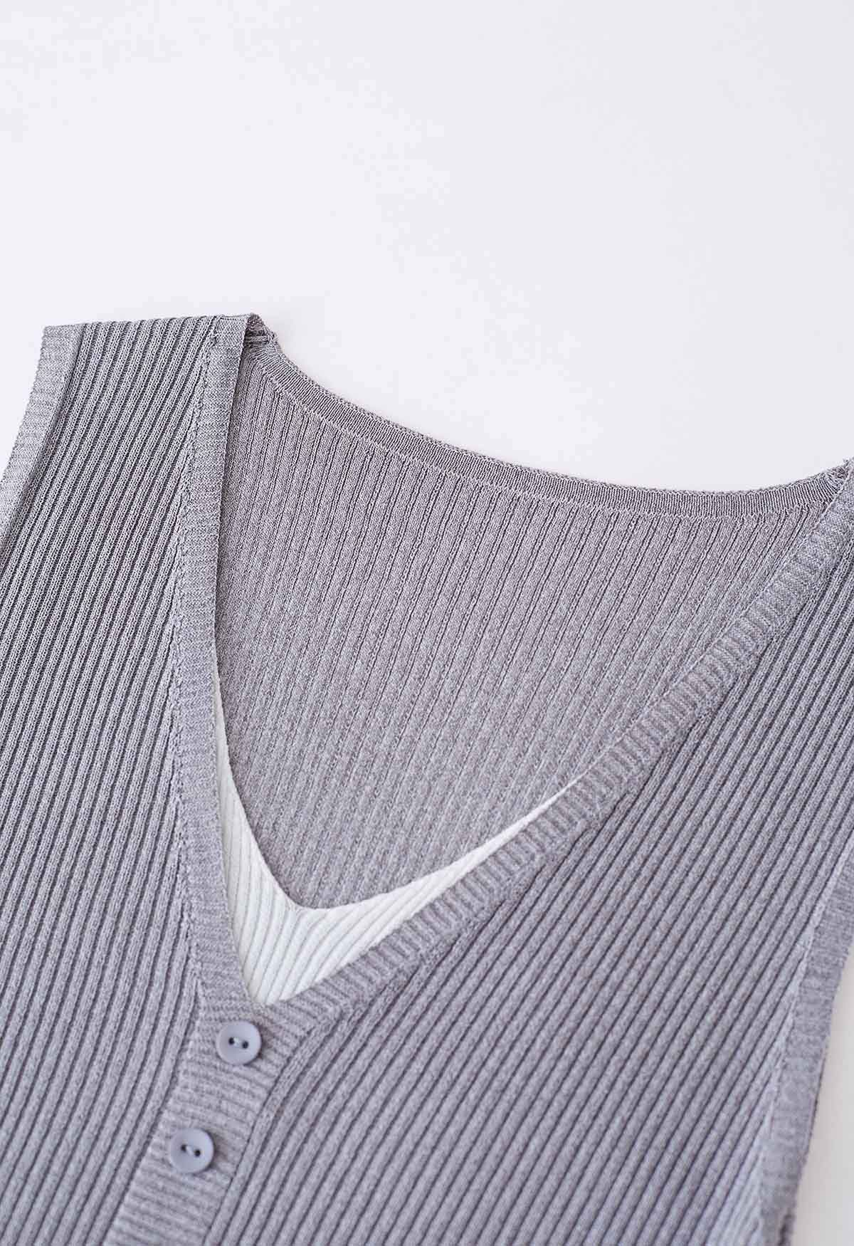 Fake Two-Piece Buttoned Ribbed Knit Top in Grey