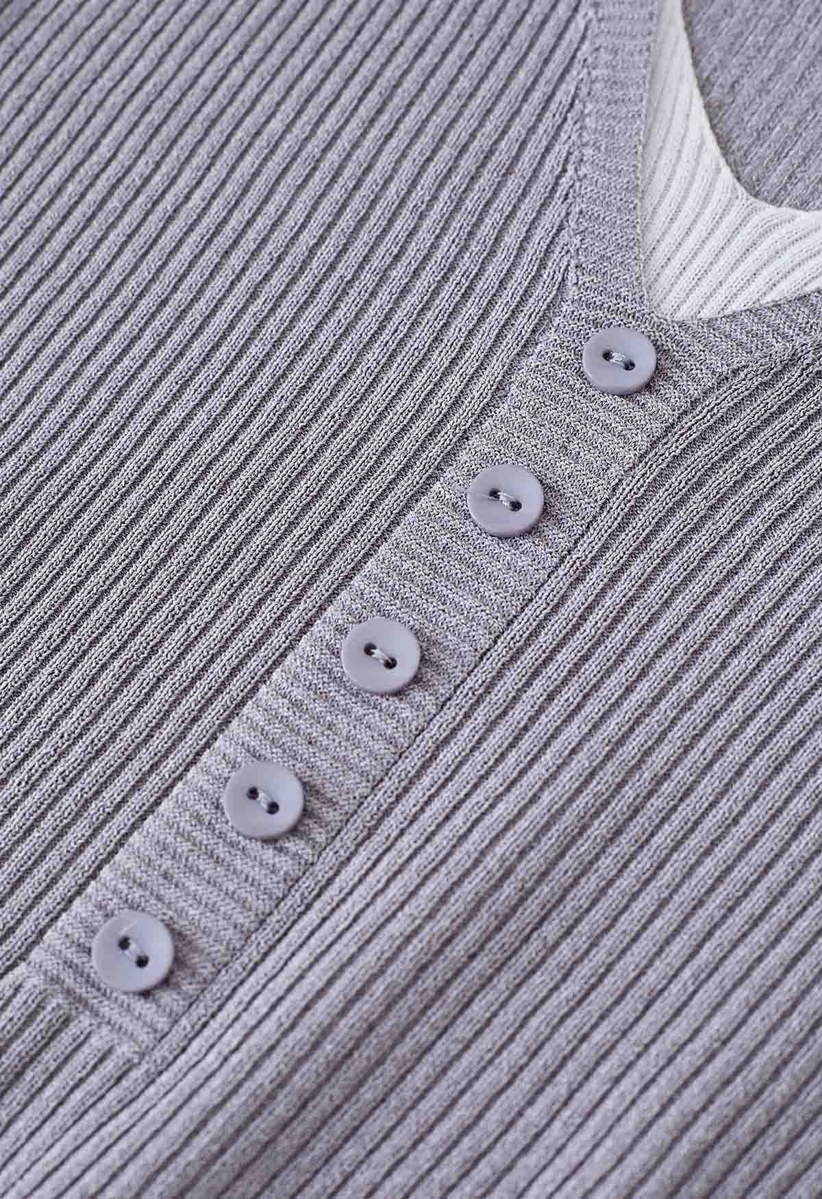 Fake Two-Piece Buttoned Ribbed Knit Top in Grey