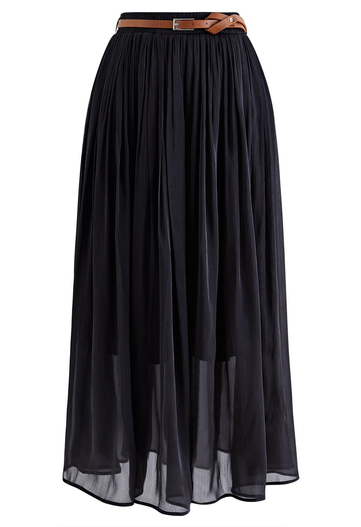 Shimmery Pleated Belt Maxi Skirt in Black