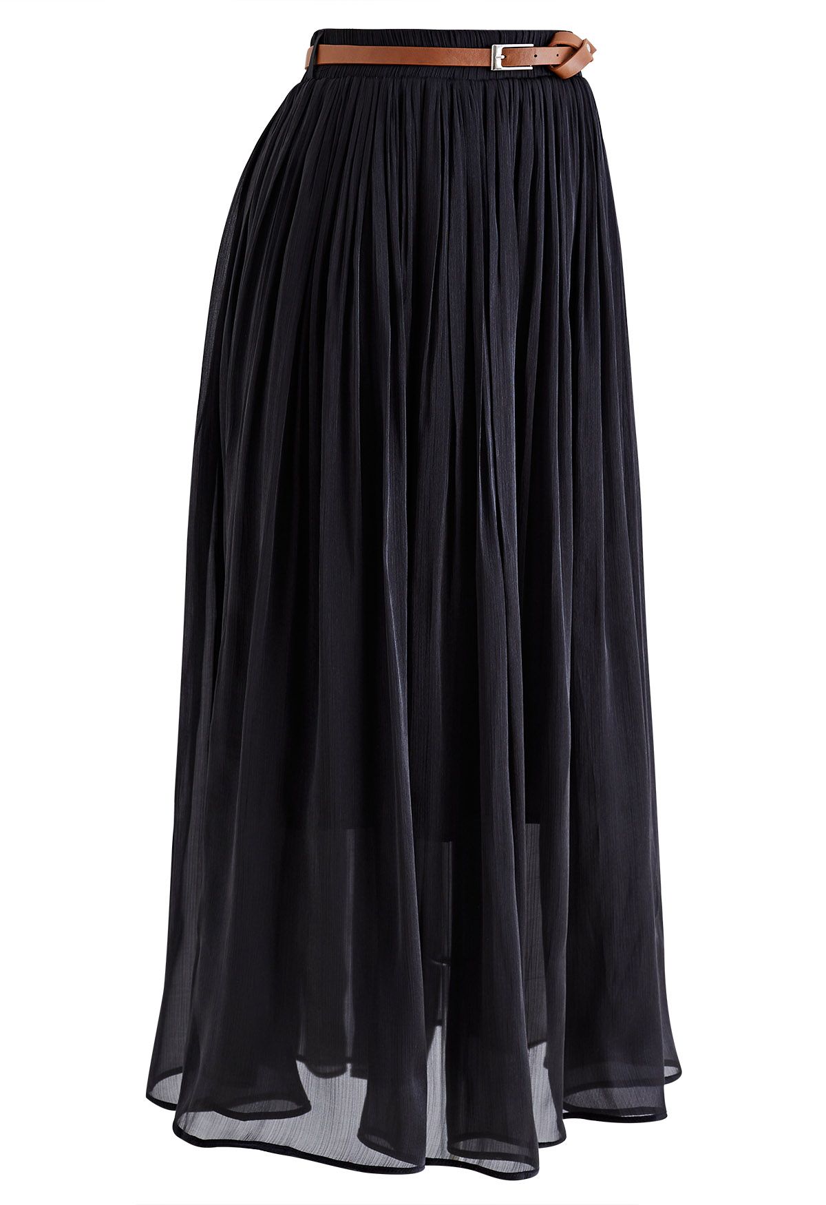 Shimmery Pleated Belt Maxi Skirt in Black