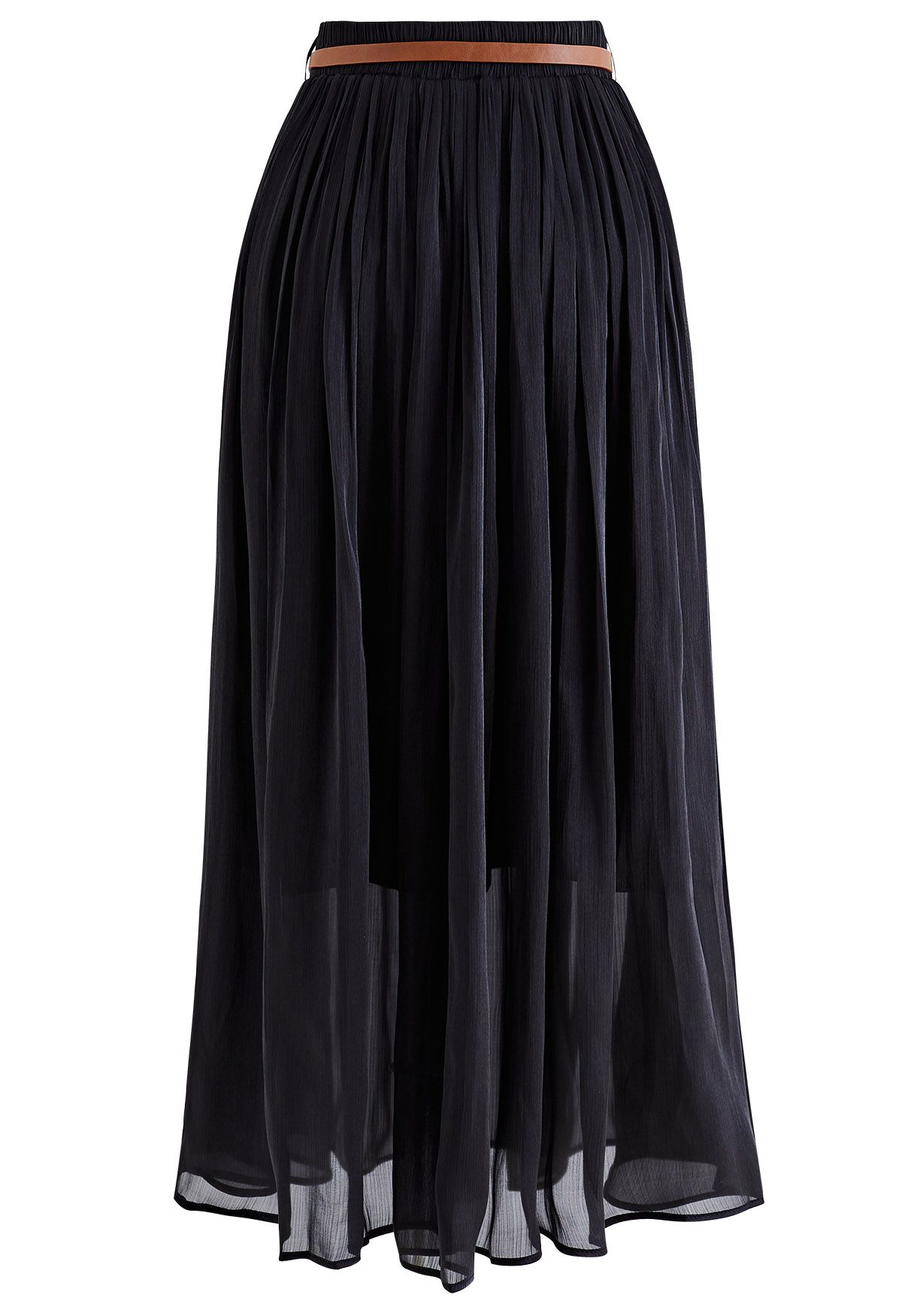 Shimmery Pleated Belt Maxi Skirt in Black