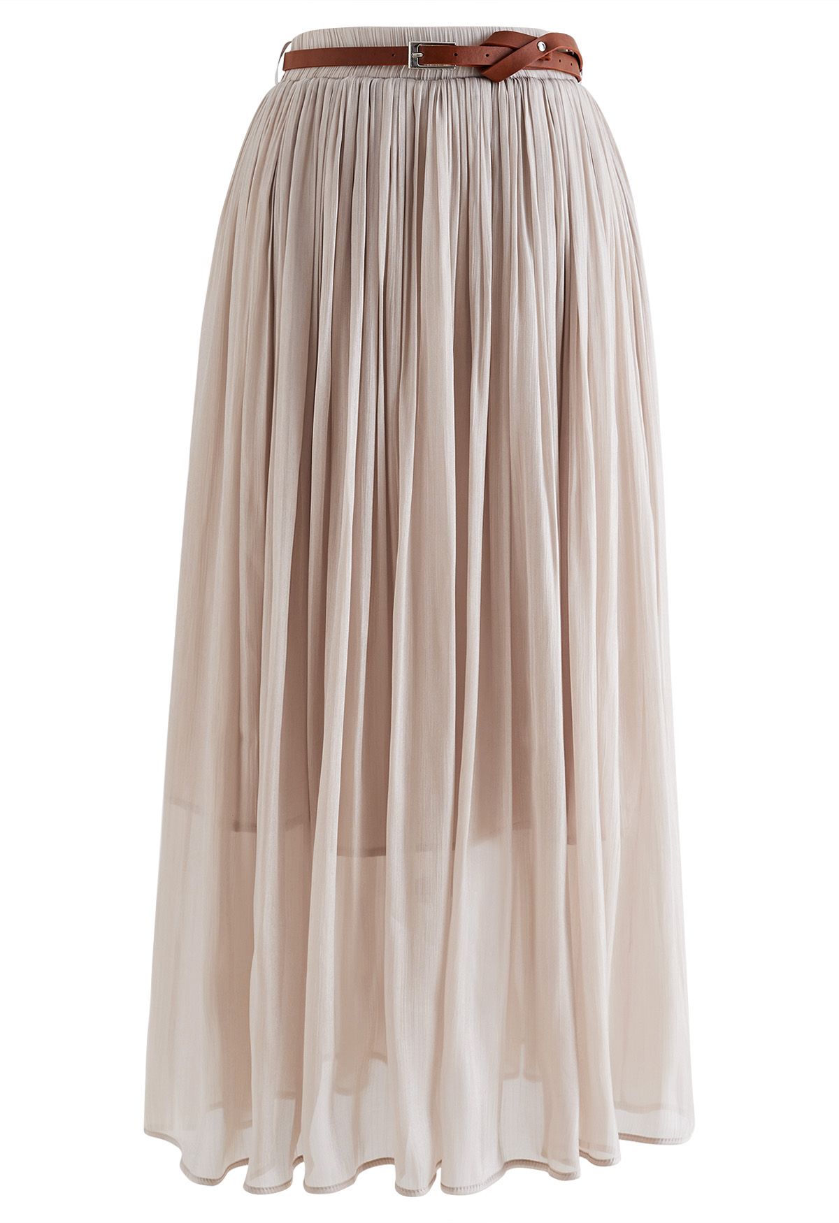 Shimmery Pleated Belt Maxi Skirt in Blush