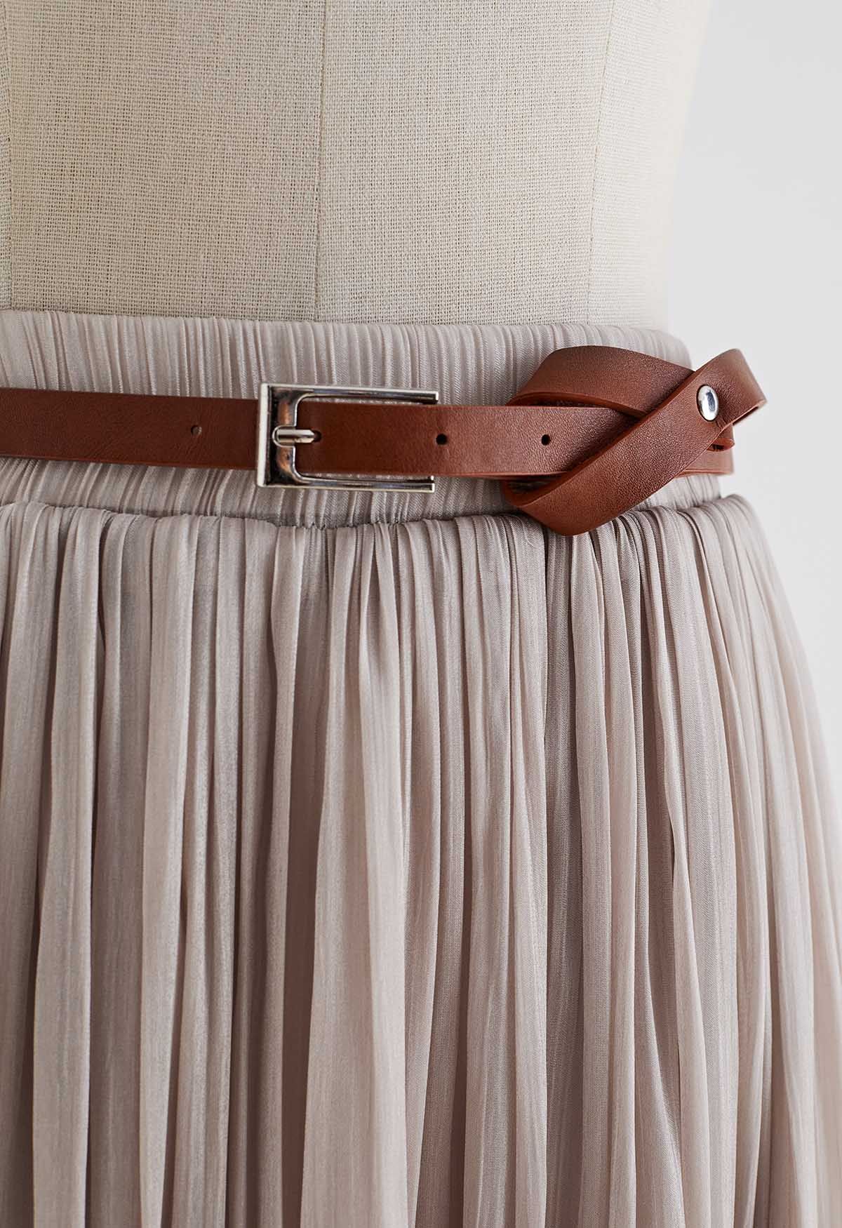 Shimmery Pleated Belt Maxi Skirt in Blush