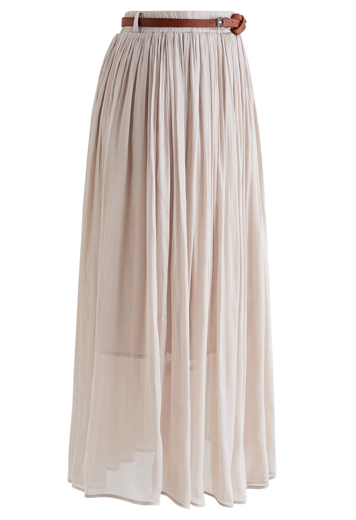 Shimmery Pleated Belt Maxi Skirt in Blush