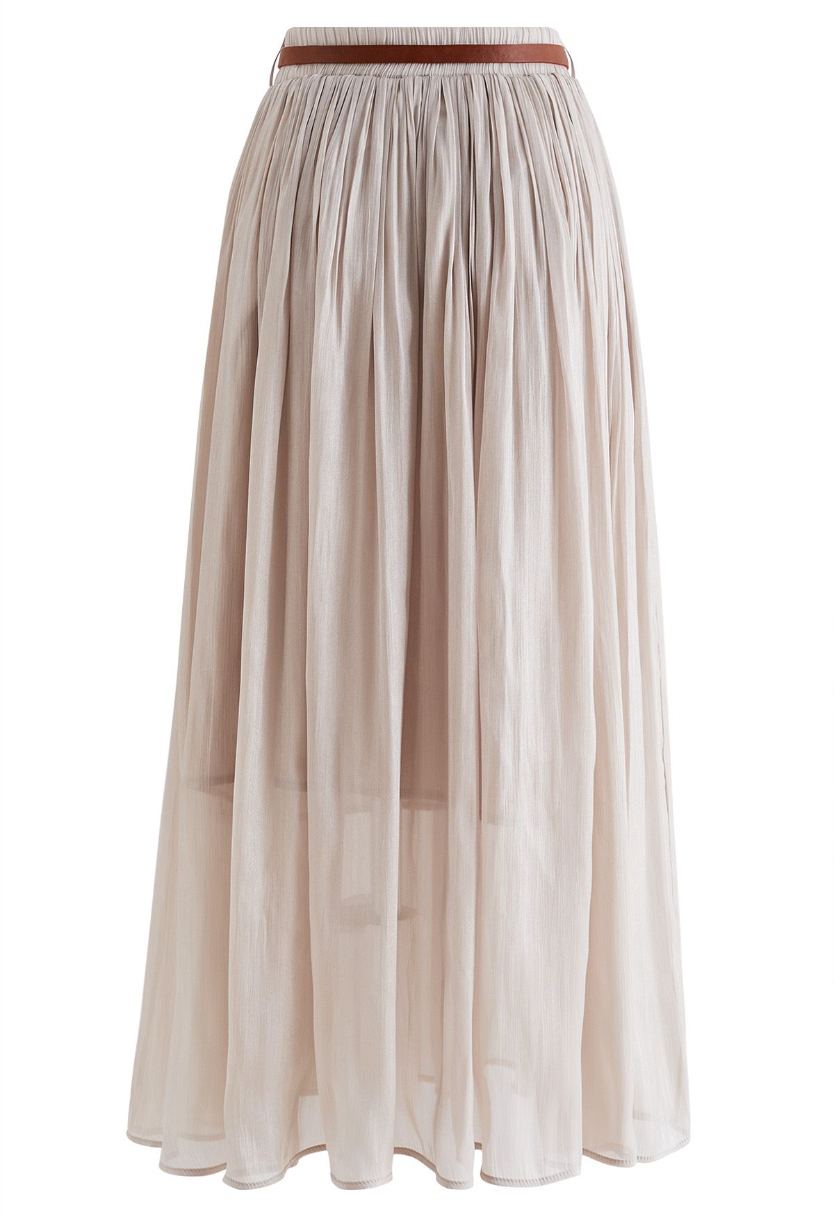 Shimmery Pleated Belt Maxi Skirt in Blush