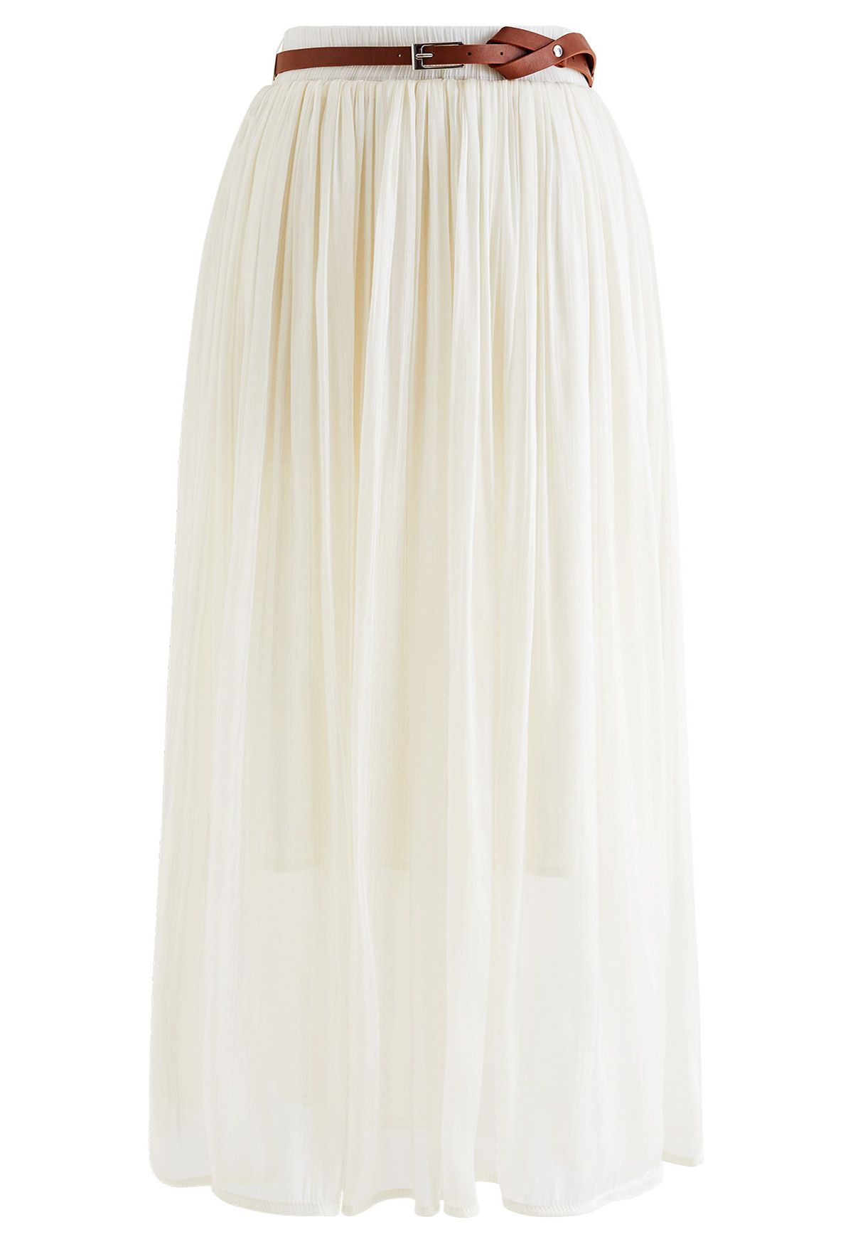 Shimmery Pleated Belt Maxi Skirt in Cream