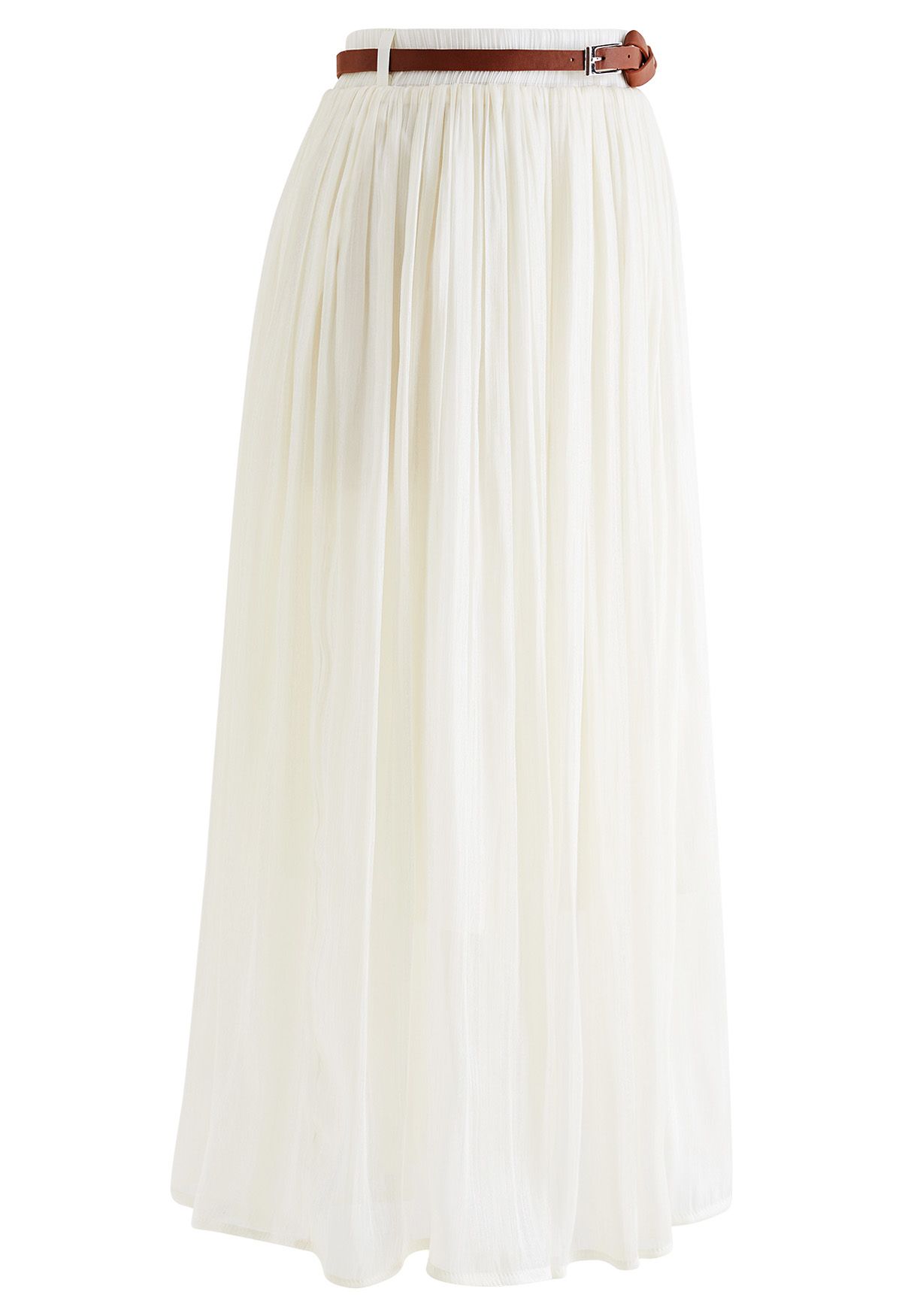 Shimmery Pleated Belt Maxi Skirt in Cream