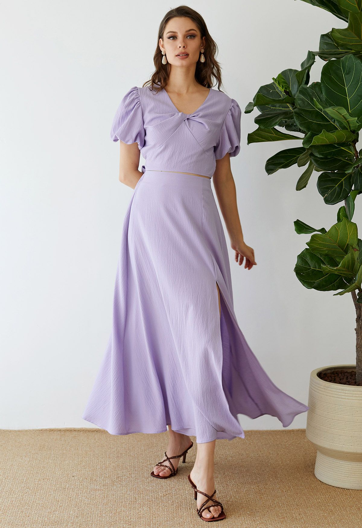 Twist V-Neck Crop Top and Maxi Skirt Set in Lilac