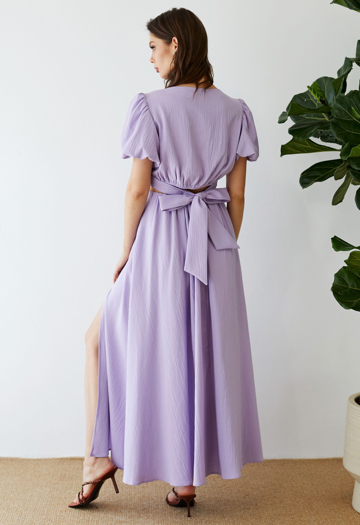 Twist V-Neck Crop Top and Maxi Skirt Set in Lilac