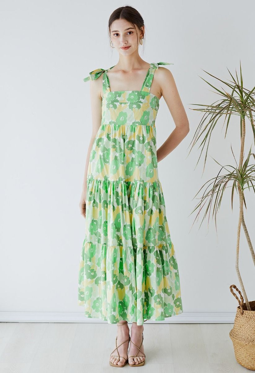 Green Flower Printed Tie-Strap Maxi Dress