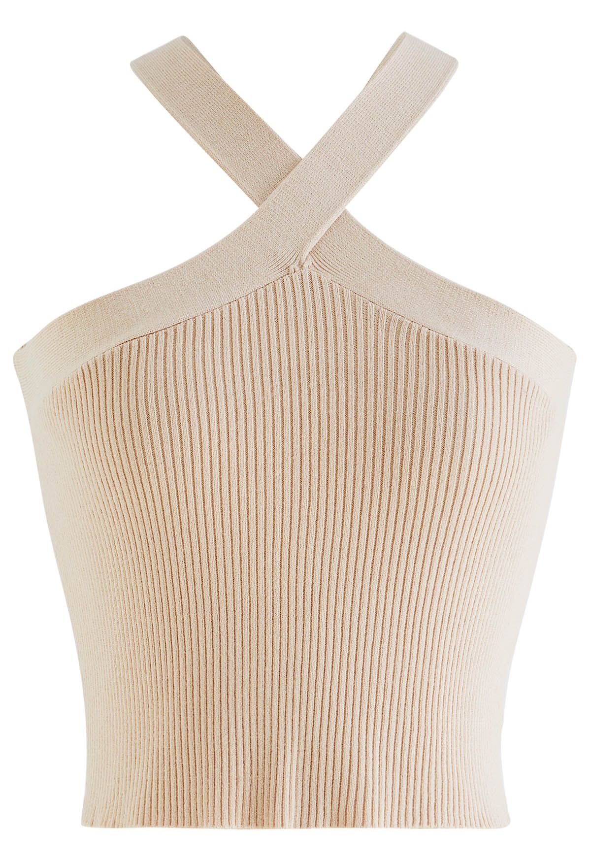 Criss Cross Straps Halter Knit Top in Cream