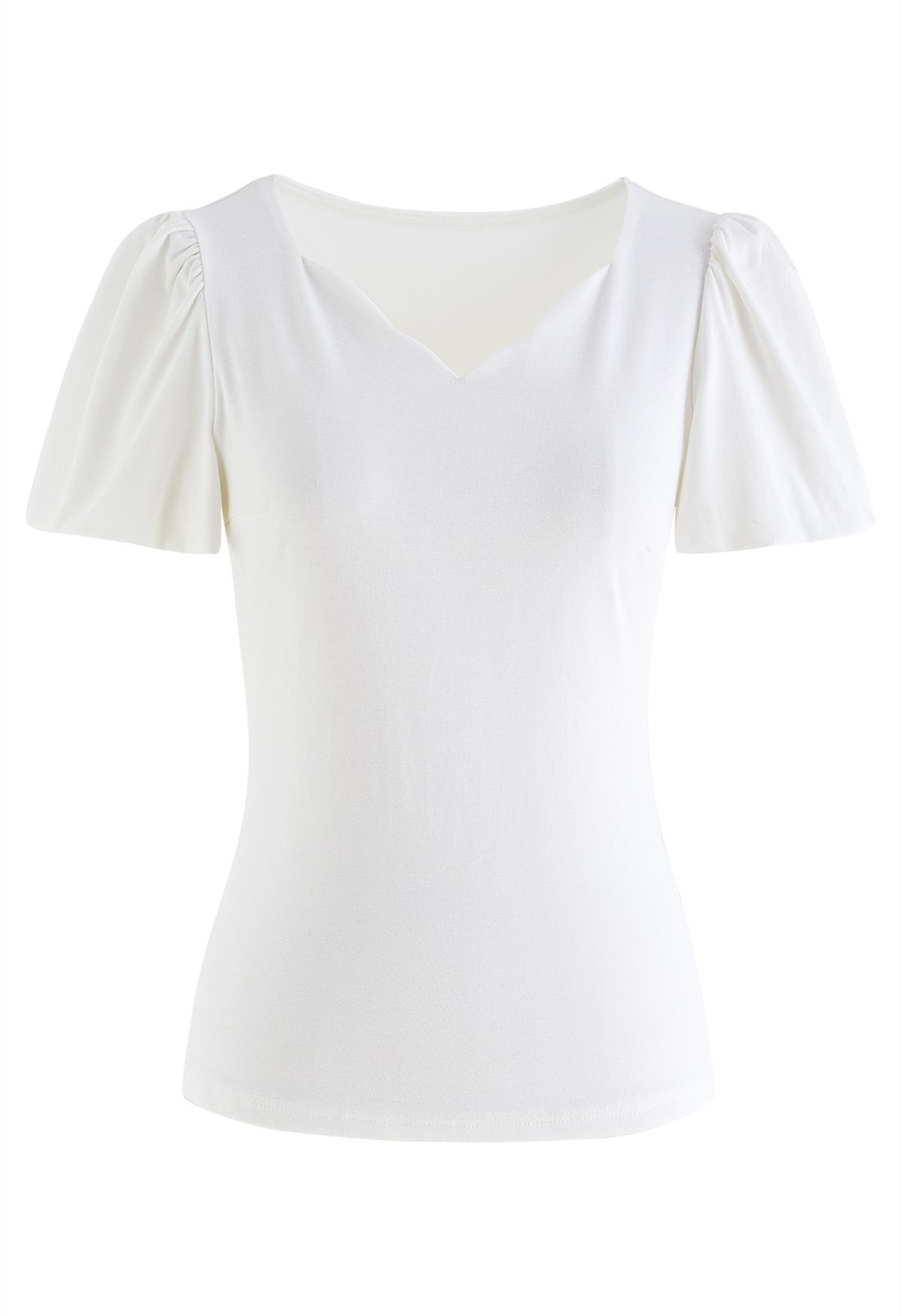 Wavy Neckline Short Bubble Sleeve Top in White