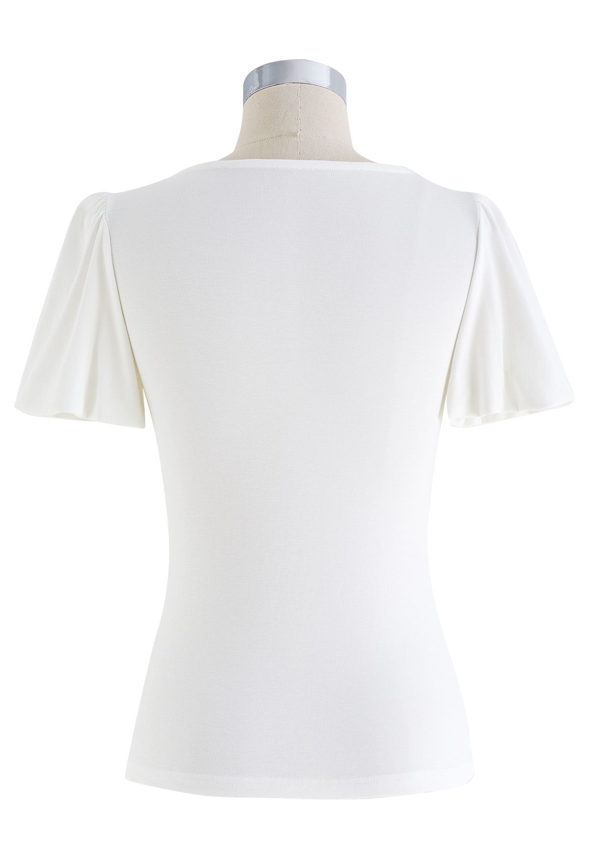 Wavy Neckline Short Bubble Sleeve Top in White