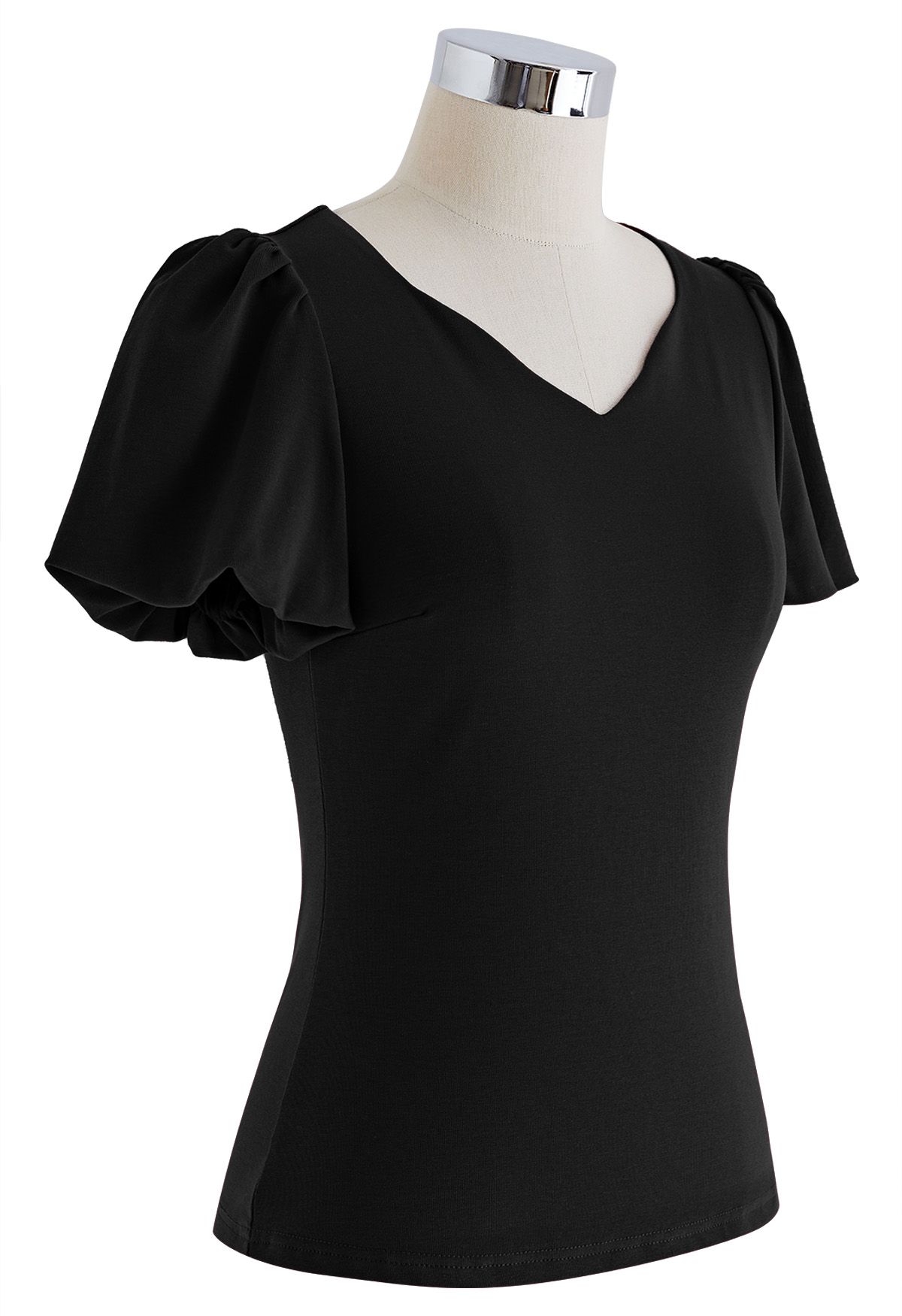 Wavy Neckline Short Bubble Sleeve Top in Black