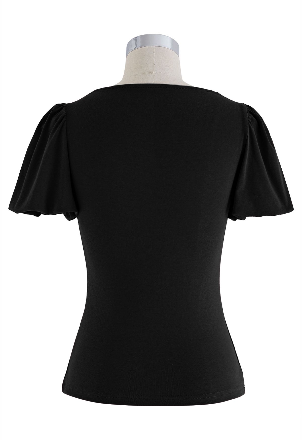 Wavy Neckline Short Bubble Sleeve Top in Black