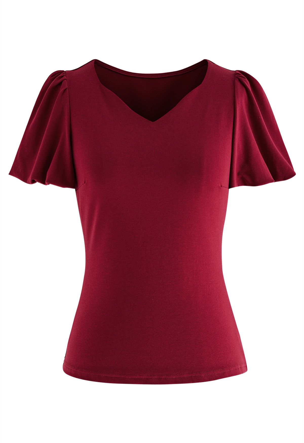 Wavy Neckline Short Bubble Sleeve Top in Red