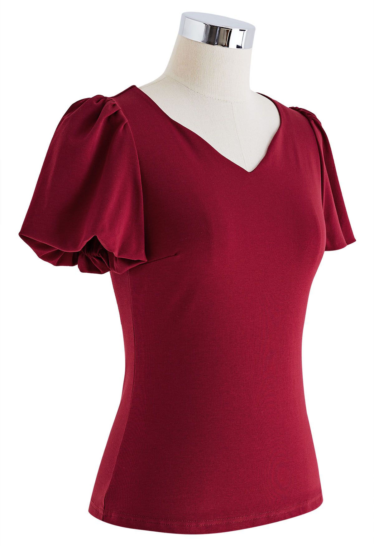 Wavy Neckline Short Bubble Sleeve Top in Red