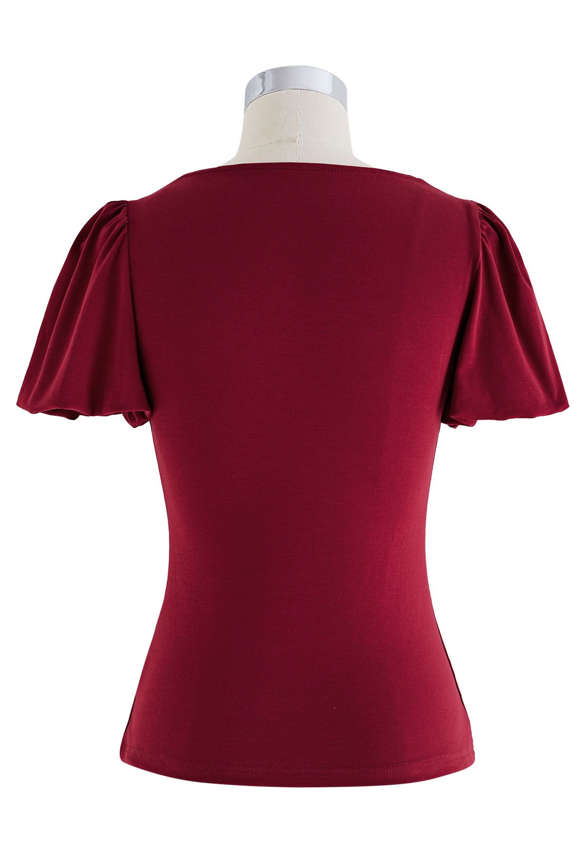 Wavy Neckline Short Bubble Sleeve Top in Red