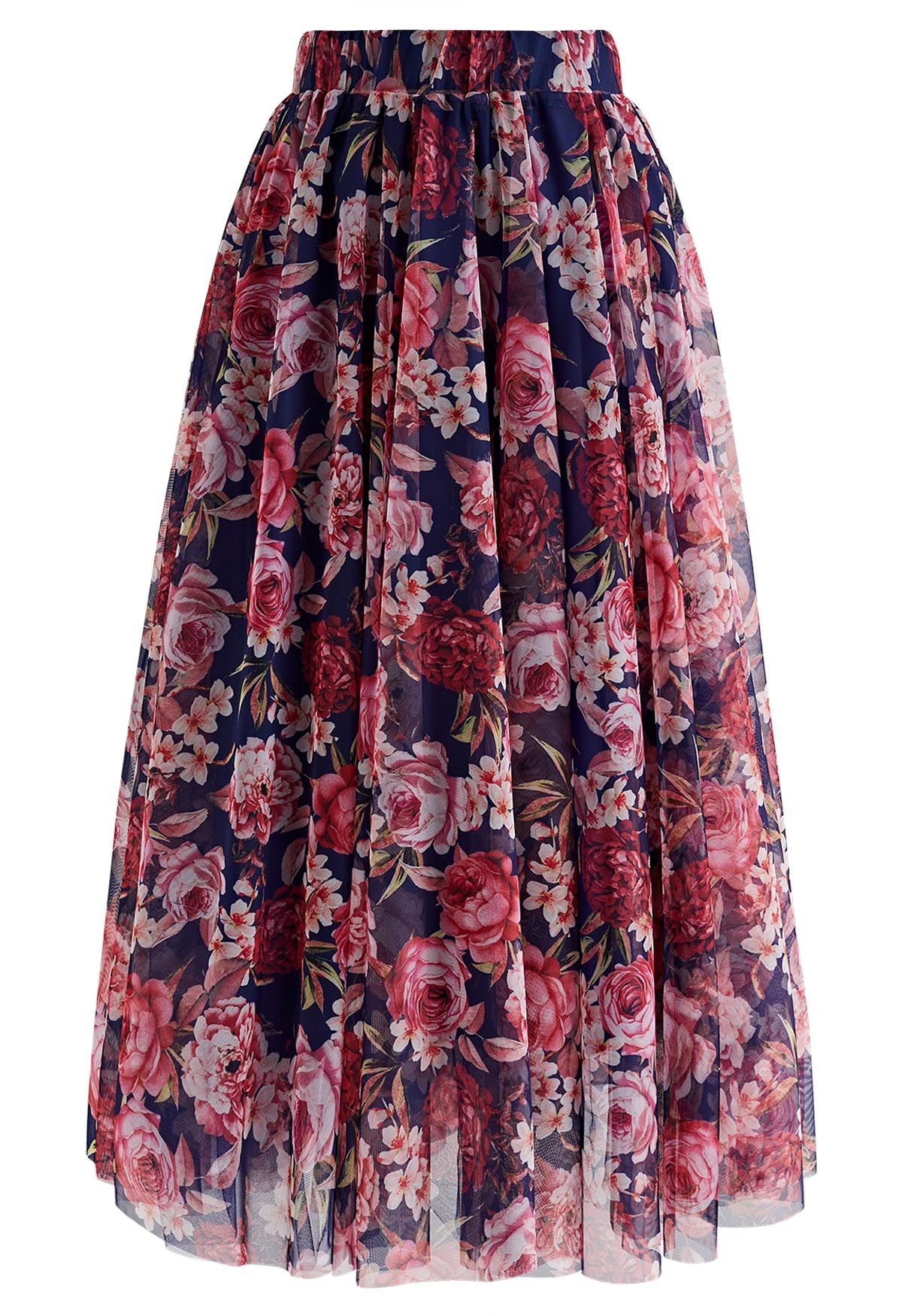 Timeless Peony Mesh Tulle Midi Skirt in Navy - Retro, Indie and Unique ...