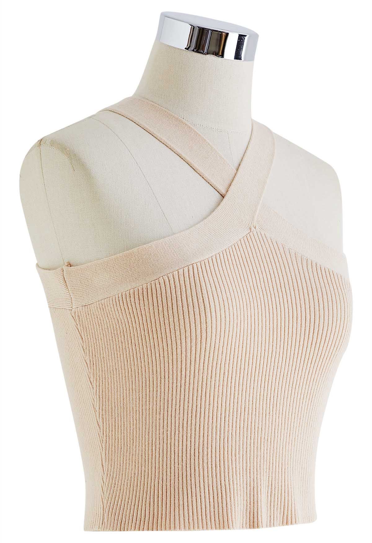 Criss Cross Straps Halter Knit Top in Cream