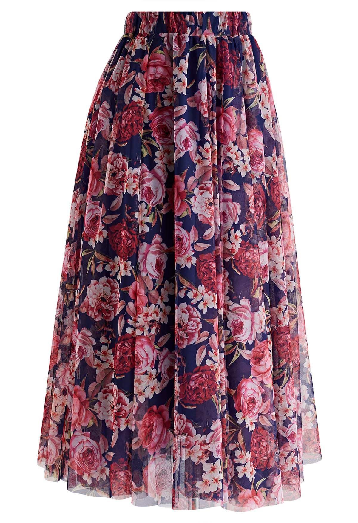 Timeless Peony Mesh Tulle Midi Skirt in Navy