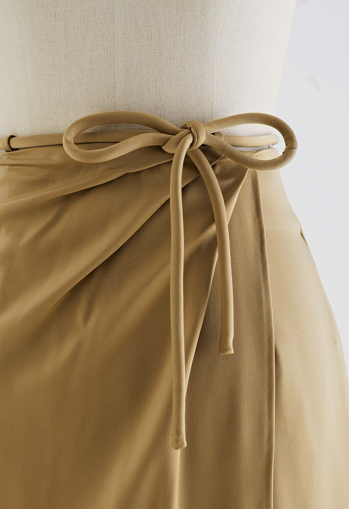 Tie Waist Asymmetric Flap Satin Midi Skirt in Camel - Retro, Indie and ...