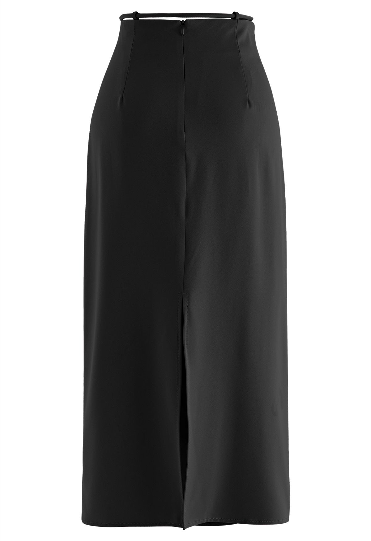 Tie Waist Asymmetric Flap Satin Midi Skirt in Black