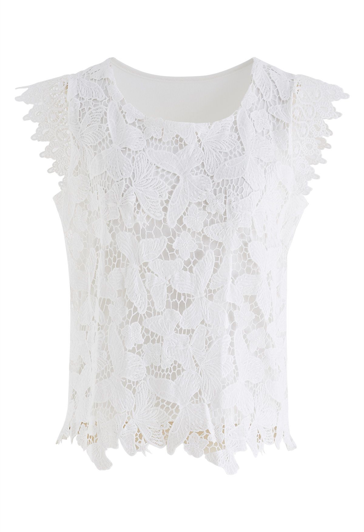 Butterfly Cutwork Lace Flutter Sleeve Top in White