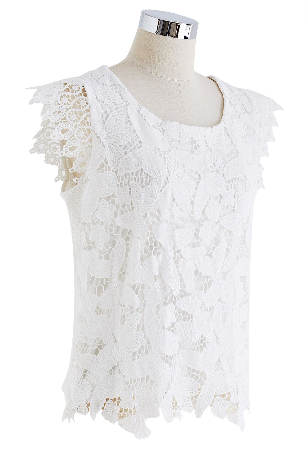 Butterfly Cutwork Lace Flutter Sleeve Top in White