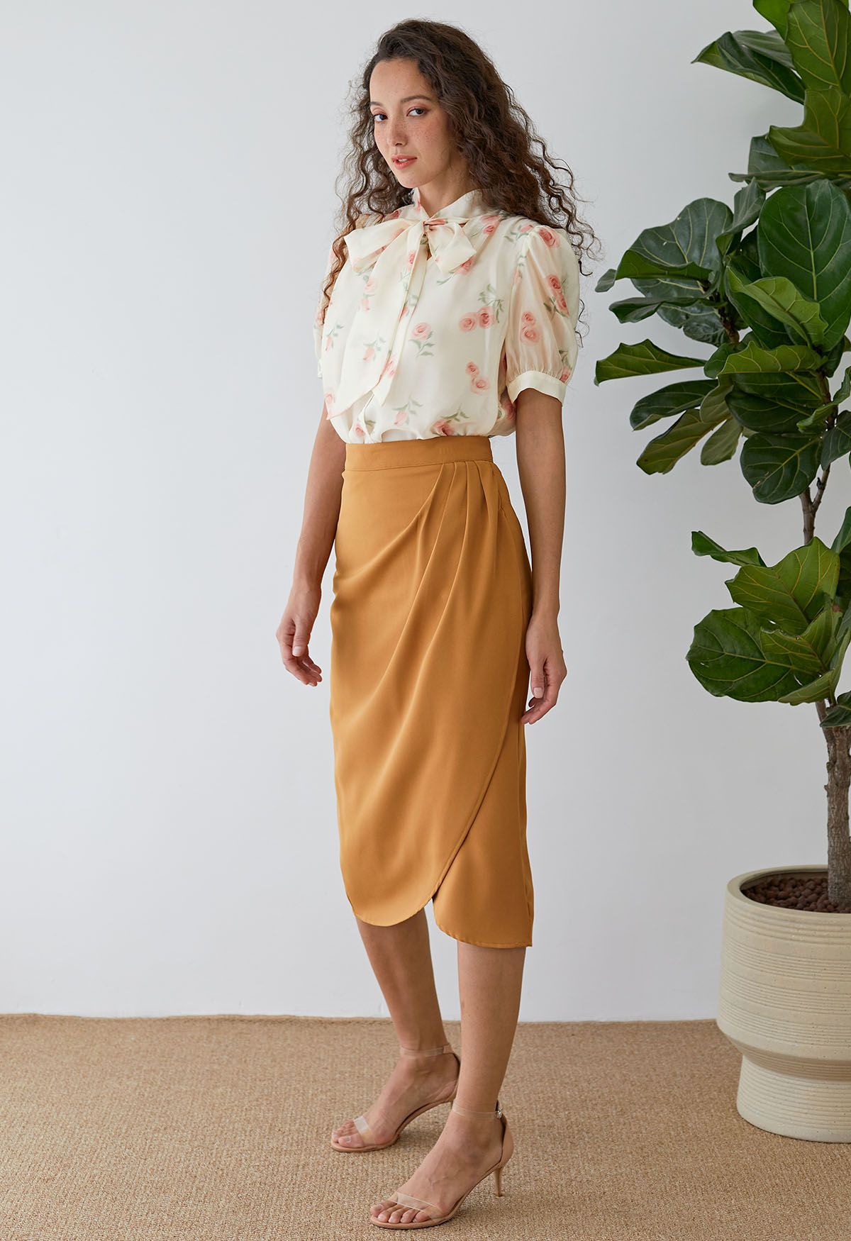 Side Pleated Tulip Midi Skirt in Pumpkin