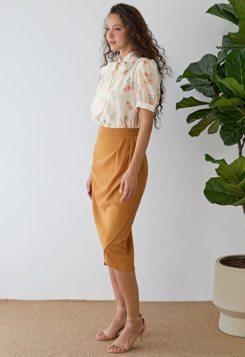 Side Pleated Tulip Midi Skirt in Pumpkin