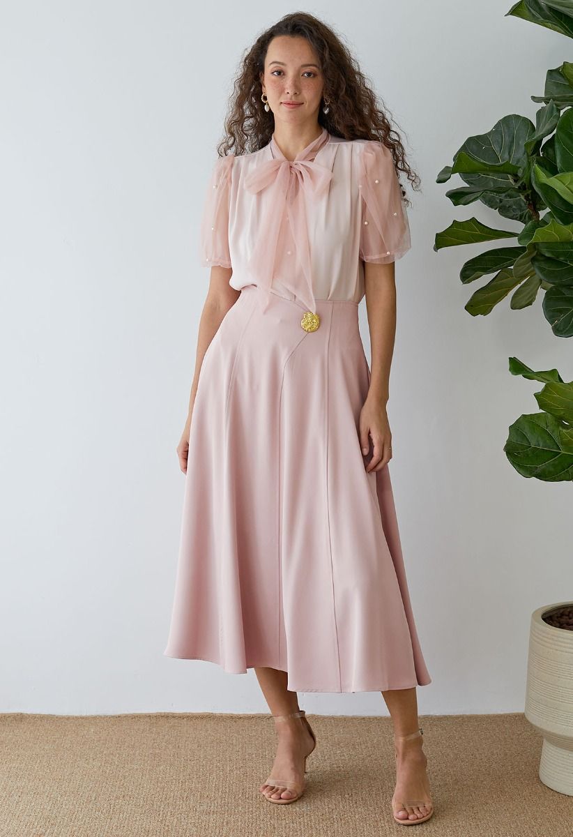 Golden Button Embellished Flare Maxi Skirt in Pink