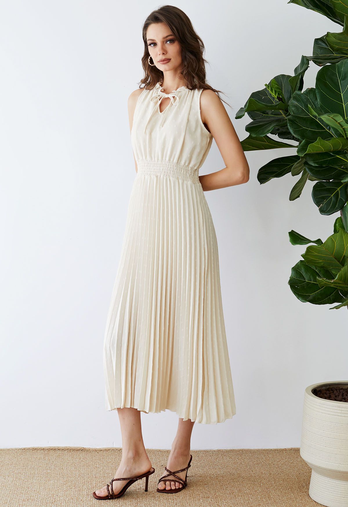 Tie-Neck Flock Dot Pleated Dress in Cream