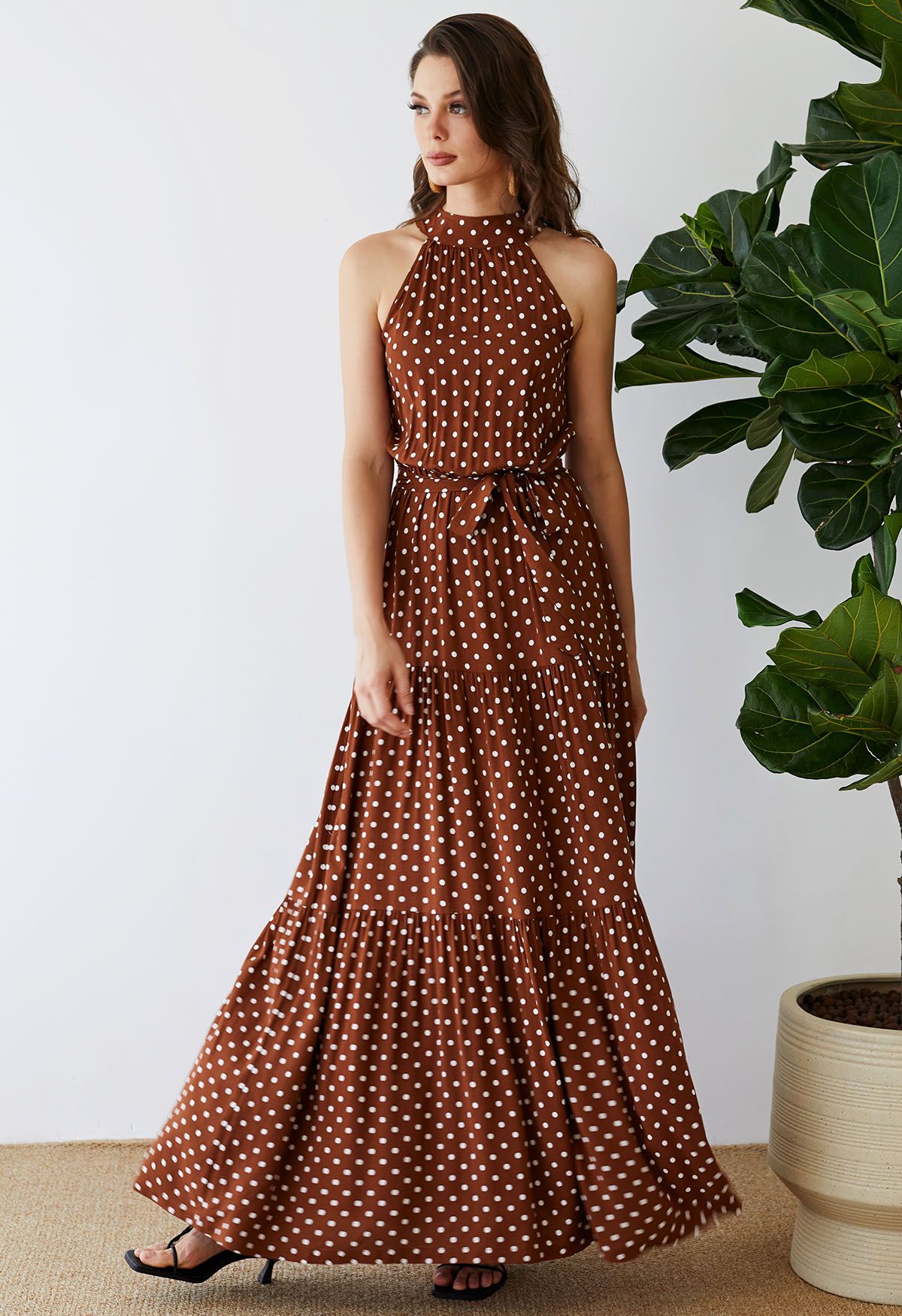 Halter Neck Tie Waist Maxi Dress in Caramel Dots